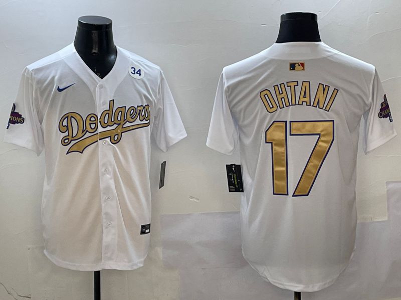 Men Los Angeles Dodgers 17 Ohtani White Champion gold character 2025 Nike MLB Jersey style 22